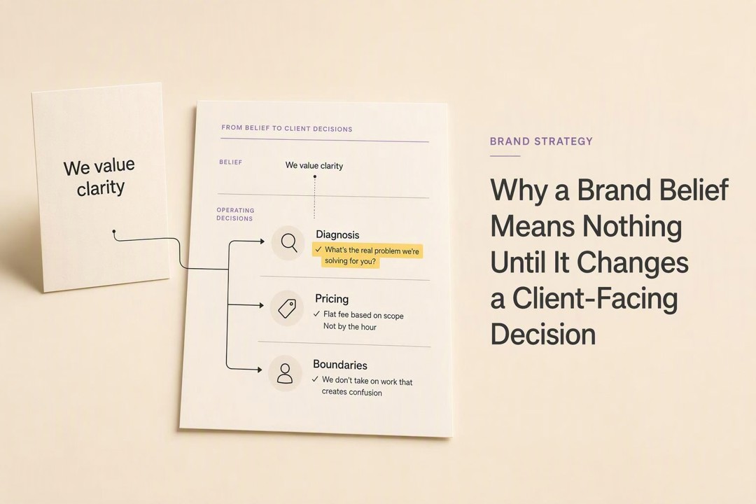 Blog cover showing a brand belief, “We value clarity,” flowing into client decisions: diagnosis, flat-fee pricing, and boundaries that avoid confusion, beside the headline “Why a Brand Belief Means Nothing Until It Changes a Client-Facing Decision.”