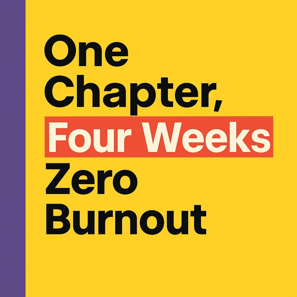 Warm flat vector illustration of an author turning one chapter into four weeks of content using the treasure chest approach, with icons for a blog, three short videos, a carousel, quote cards, and a four week calendar on a purple #8e62b6 background in Inkflare brand style.