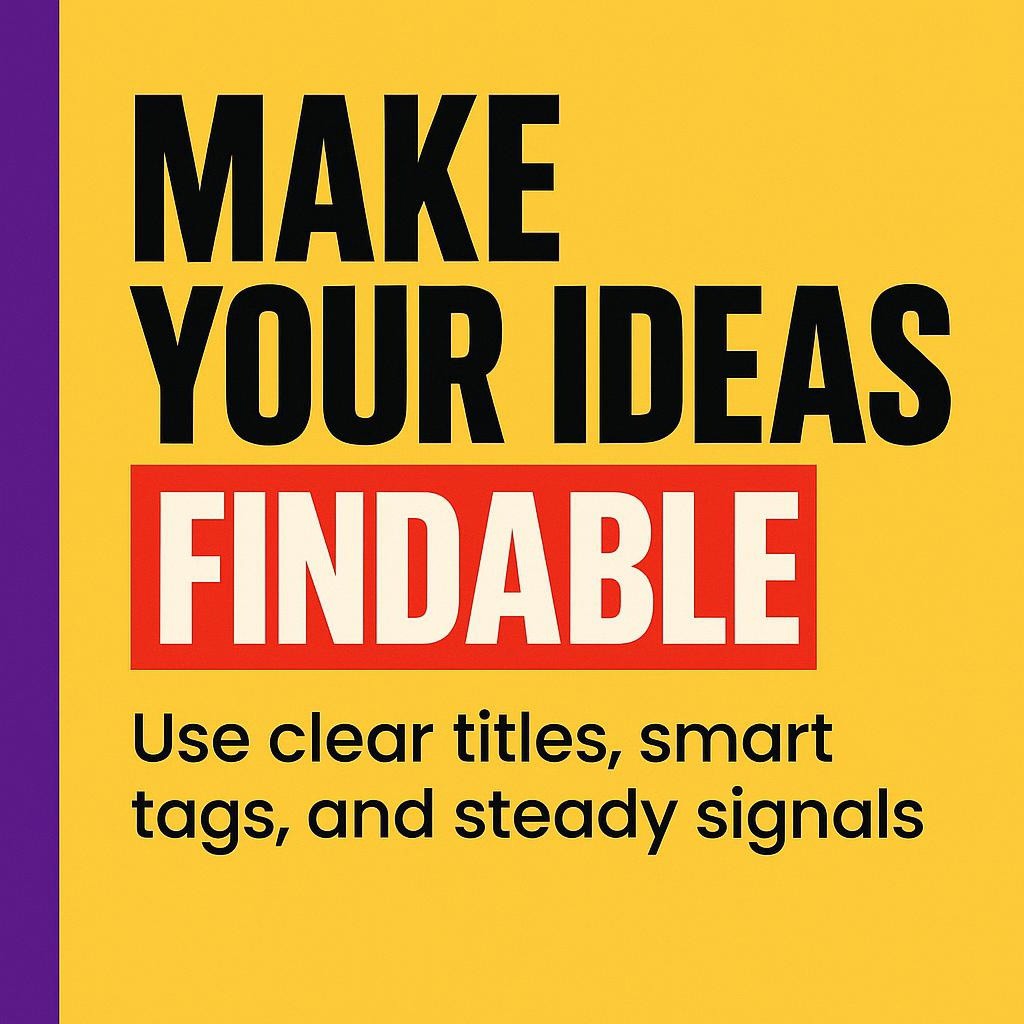 Bold yellow and purple blog header showing MAKE YOUR IDEAS with FINDABLE in a red highlight, plus supporting line and red badges for TITLES, TAGS, SAVES, SHARES, and CONSISTENCY.