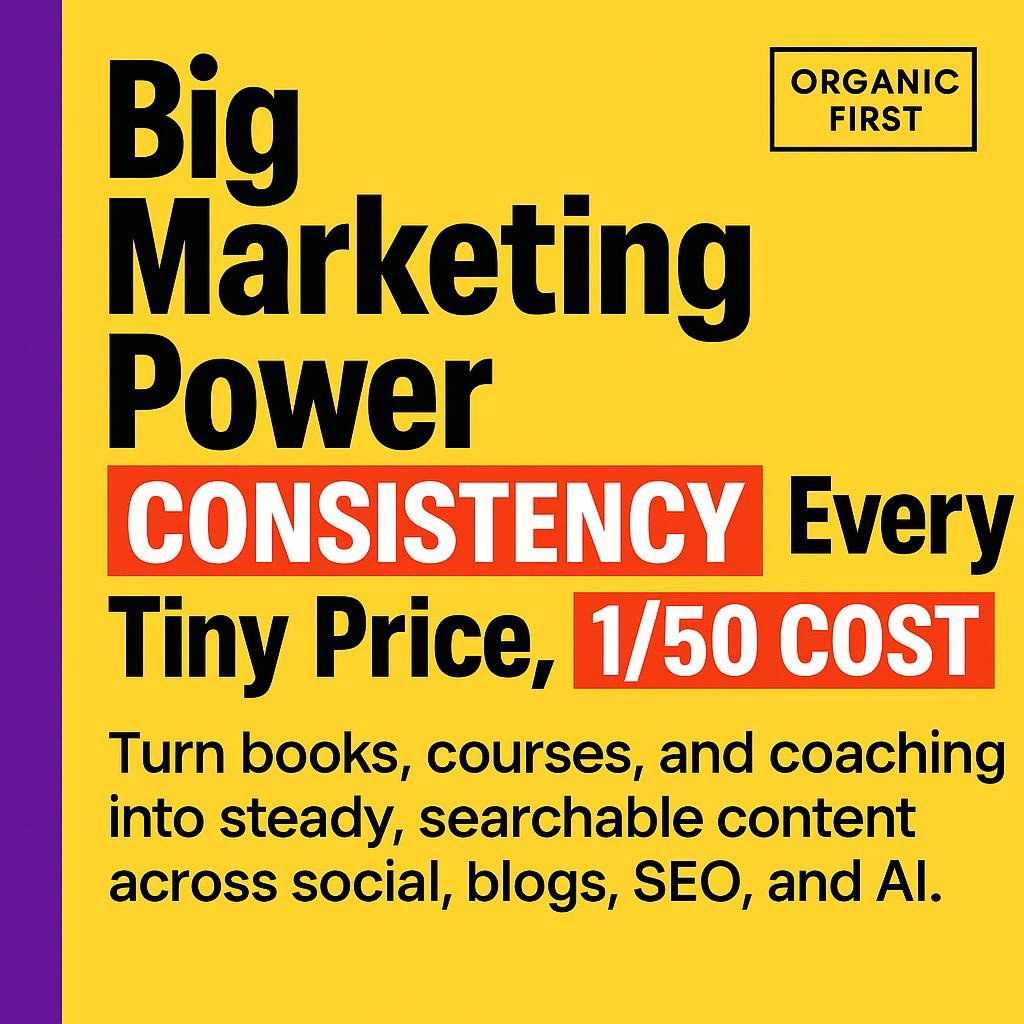 Text only blog header on bright yellow with a purple vertical bar, large black headline, and red highlighted keywords reading CONSISTENCY and 1/50 COST, visually reinforcing Inkflare pricing and organic marketing consistency.