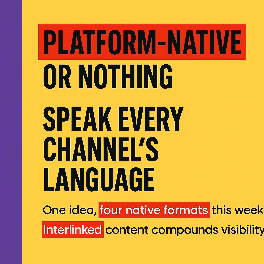 Text-only blog header on bright yellow with a purple left bar. Headline reads Platform‑Native or Nothing, subheadline Speak Every Channels Language, and smaller lines note one idea in four native formats and interlinked content compounding visibility. Minimalist, high-contrast typography.