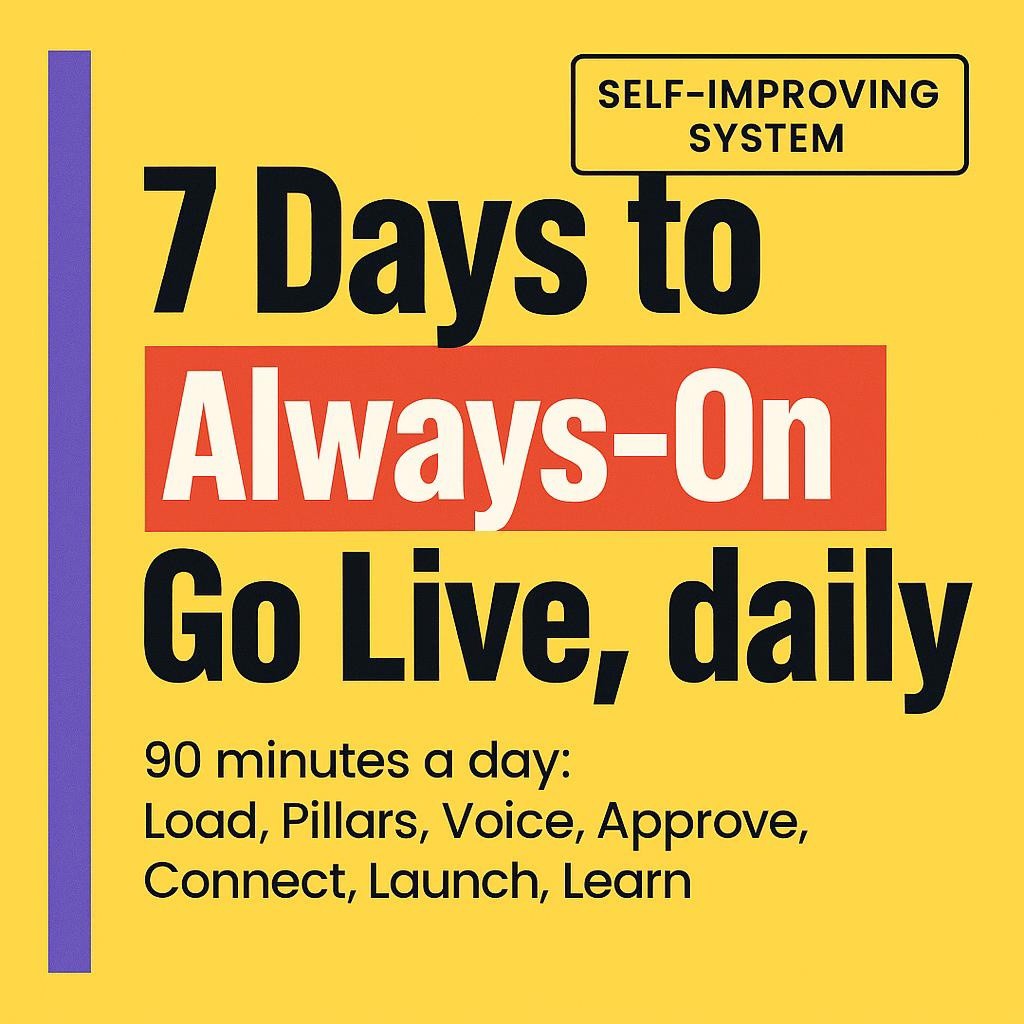 Text based blog header reading 7 Days to Always On, Go live daily, on a bright yellow background with a purple vertical sidebar, black stacked heading, and red highlighted keywords, designed for a modern, minimalist editorial style.