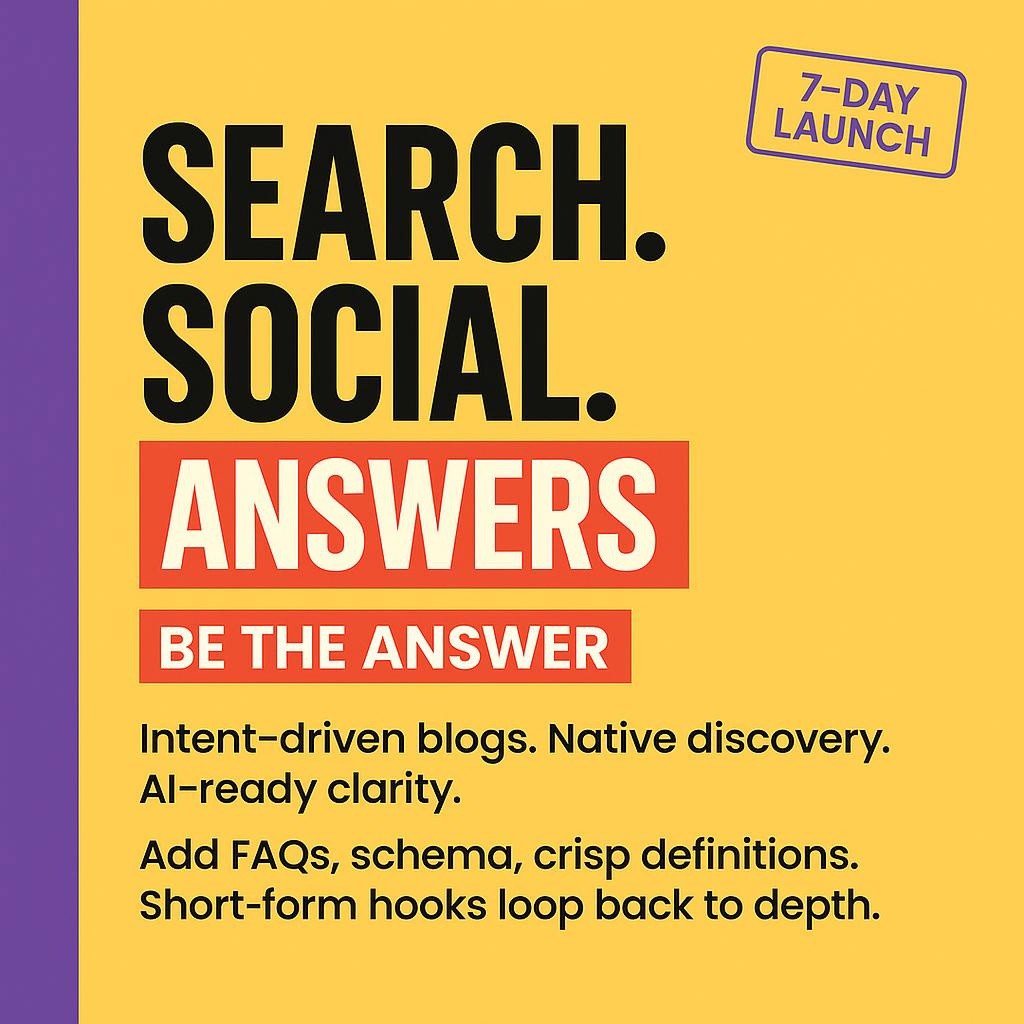 High contrast text based blog header with bright yellow background, purple left sidebar, and red highlighted word ANSWERS in white. Left aligned bold typography communicates Search Social Answers and supporting lines about intent driven blogs, native discovery, AI ready clarity, FAQs, schema, and short form hooks that link back to depth.
