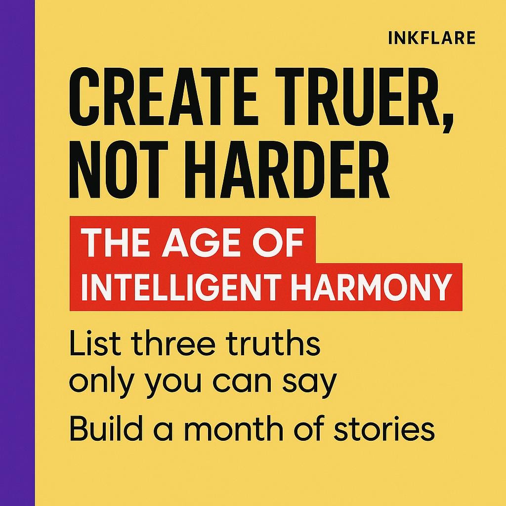 Yellow blog header with a purple left sidebar and bold black text reading Create truer, not harder, with INTELLIGENT HARMONY highlighted in a red box, plus smaller lines List three truths only you can say and Build a month of stories.