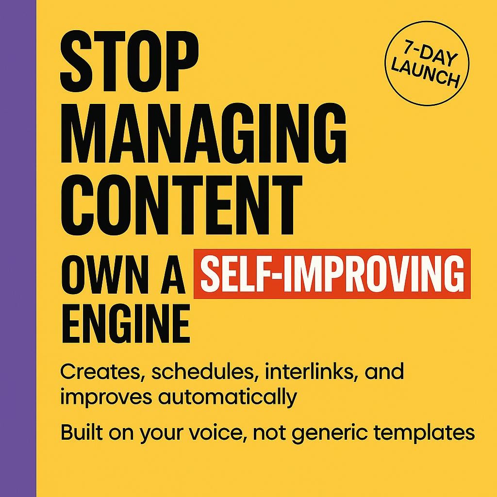 Text‑only header on bright yellow with a purple left sidebar. Large black heading says Stop managing content. A red rectangle highlights the words self‑improving engine. Smaller lines read Creates, schedules, interlinks, and improves automatically and Built on your voice, not generic templates. Minimalist, left‑aligned, high‑contrast design.