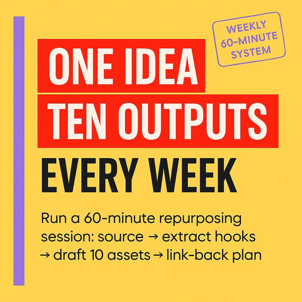 Minimalist blog header featuring bold black text on a bright yellow background with a purple left sidebar and red highlight boxes emphasizing One Idea and Ten Outputs, introducing a 60 minute content repurposing session for SEO and cross channel distribution.