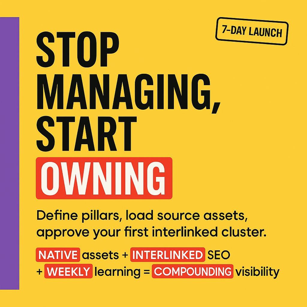 High contrast typographic header on bright yellow with a purple sidebar showing the stacked headline Stop Managing, Start OWNING. Red rectangles highlight the keywords OWNING, NATIVE, INTERLINKED, WEEKLY, and COMPOUNDING. Subheading mentions defining pillars, loading source assets, and approving an interlinked cluster. Clean sans serif fonts, no icons or photos, modern layout for a marketing automation blog aimed at founders, creators, and small teams.