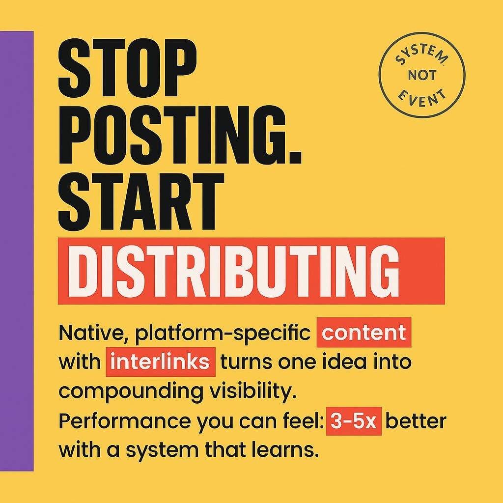 Minimalist yellow blog header with purple sidebar and bold text highlighting DISTRIBUTING, content, interlinks, and 3-5x to promote native content distribution and SEO interlinking.