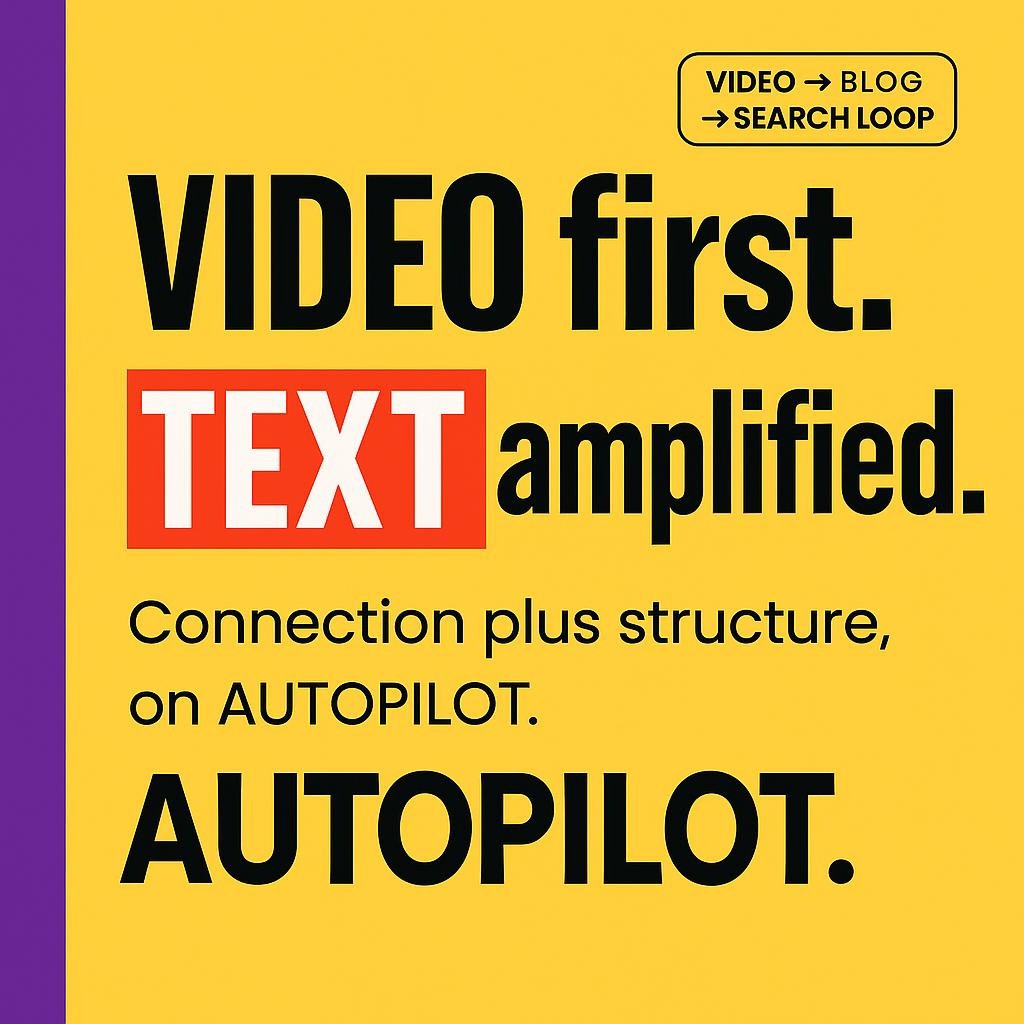 Typographic blog header on bright yellow with a purple sidebar featuring bold black text and red highlighted keywords VIDEO, TEXT, and AUTOPILOT, communicating a video to blog to search content loop for SEO and authority.
