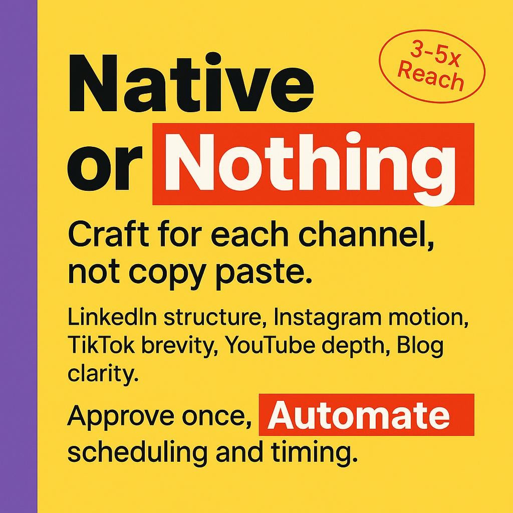 Bright yellow blog header with a purple left sidebar and bold black text reading Native or Nothing, Native highlighted in a red rectangle; supporting lines mention LinkedIn structure, Instagram motion, TikTok brevity, YouTube depth, Blog clarity; final line says Approve once, Automate scheduling and timing with Automate highlighted.