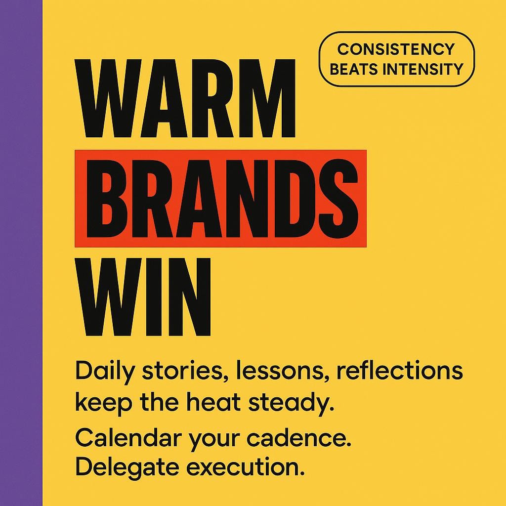 Typographic marketing thermostat header with Warm Brands Win headline, Daily highlighted in a red box, bright yellow background, purple sidebar, and clean left aligned text about stories, lessons, and reflections for steady brand heat.