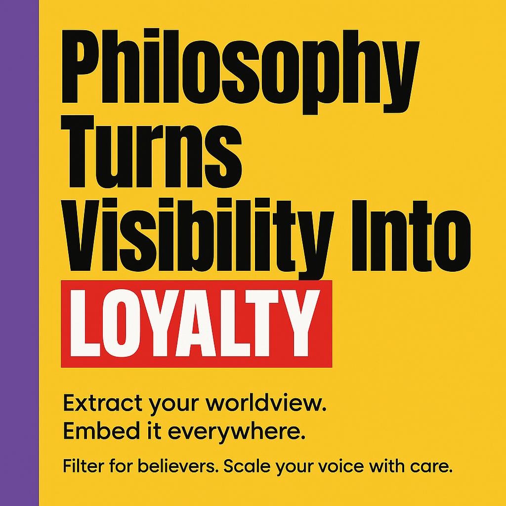 Text only blog header on yellow with purple sidebar showing the headline Philosophy Turns Visibility Into LOYALTY with the word LOYALTY highlighted in a red rectangle, minimalist layout for brand philosophy and content marketing.