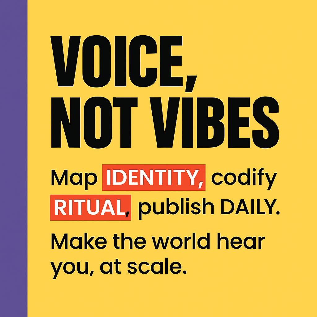 Minimalist blog header with bright yellow background, purple left sidebar, bold black headline Voice, Not Vibes, and subline mapping identity, ritual, and daily publishing with red highlight boxes, left aligned for a clean editorial look.