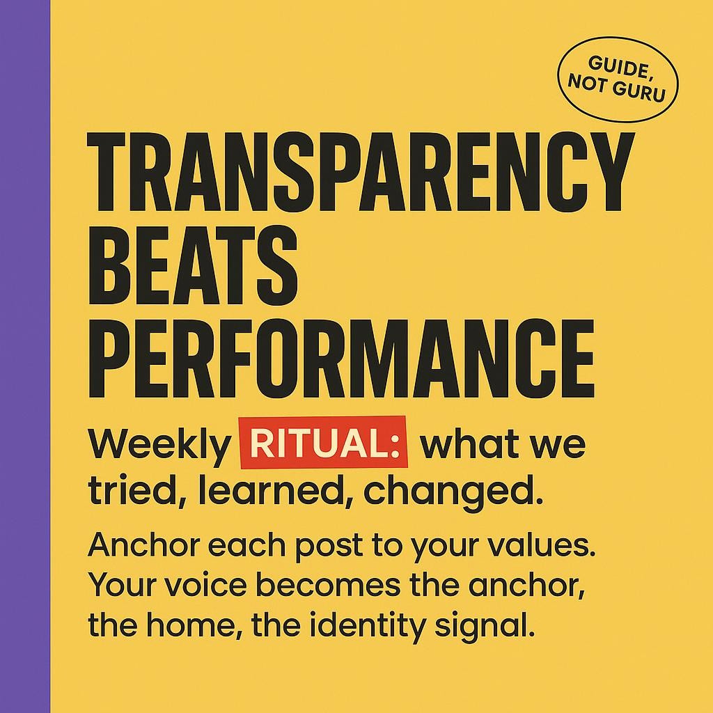 Minimalist yellow blog header with a purple sidebar and bold black text stating transparency beats performance, plus smaller lines about a weekly ritual of what we tried, learned, and changed anchored to values, with TRANSPARENCY and RITUAL highlighted in red boxes with white type.