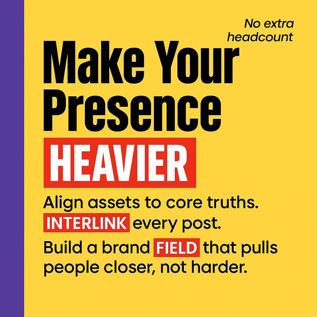 High contrast typographic blog header on bright yellow with a purple left bar. Stacked black text reads Make Your Presence HEAVIER, Align assets to core truths, INTERLINK every post, and Build a brand FIELD that pulls people closer. Red rectangles highlight the keywords. Minimal, modern, no icons or images.