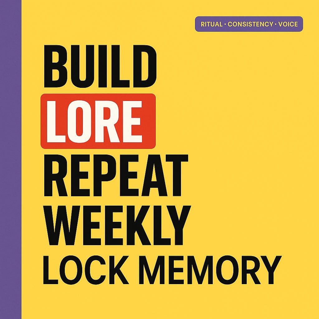 Minimalist yellow blog header with purple left sidebar and bold stacked text highlighting the words LORE, WEEKLY, and MEMORY in red rectangles, conveying brand lore, weekly rituals, and memory through repetition.