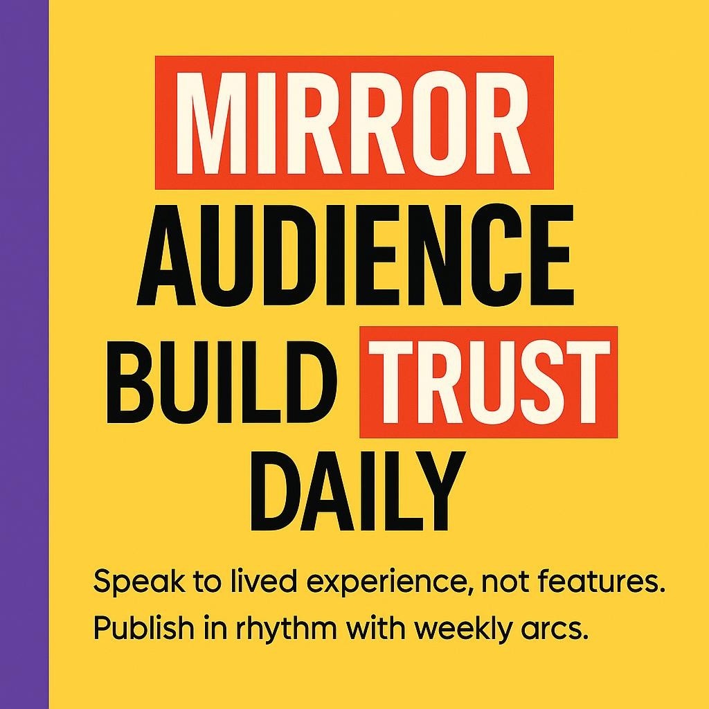 Typographic blog header on bright yellow with a purple left sidebar, bold black text that reads mirror your audience and build trust daily, with the words mirror and trust highlighted in red boxes with white text. Minimal, high contrast, left aligned design.