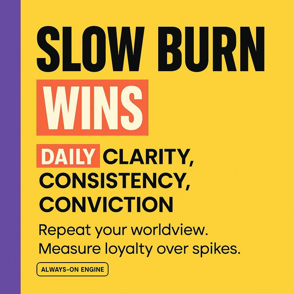Text only blog header on bright yellow with a purple left sidebar, bold black heading Slow Burn Wins, and red rectangles highlighting the keywords SLOW BURN and DAILY for a sustainable visibility theme.