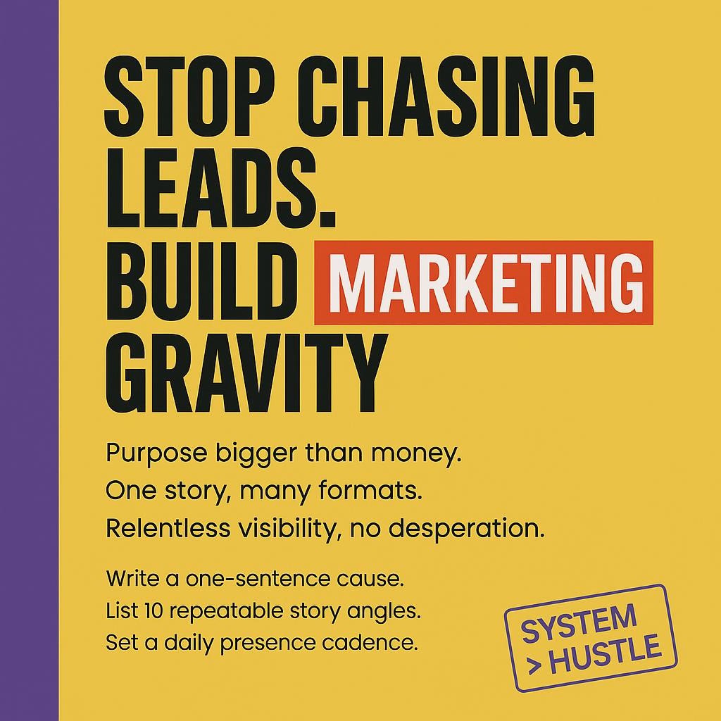Typographic blog header on bright yellow with purple sidebar reading Stop Chasing Leads, Build Marketing Gravity, highlighting marketing gravity in red and listing purpose, coherent story across formats, and daily visibility.