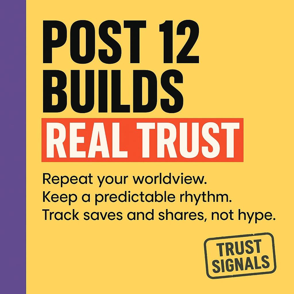 Bold typographic header on bright yellow with purple sidebar reading Post 12 builds real trust, TRUST highlighted in red, plus text about predictable rhythm, repeated worldview, and tracking saves and shares as trust signals.
