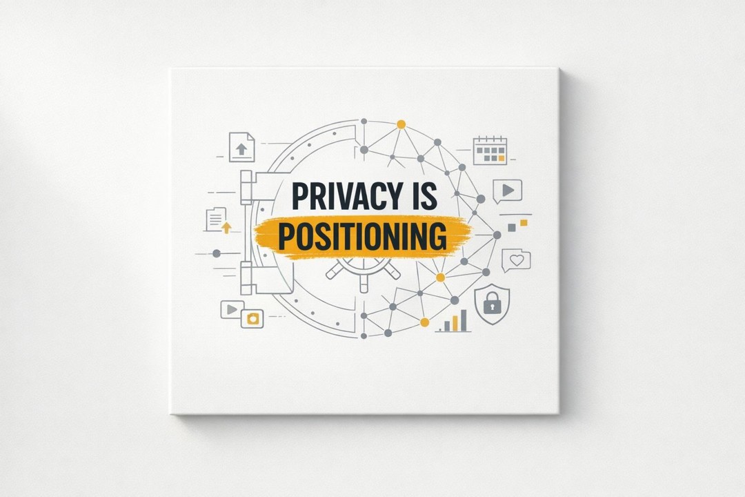 Minimalist canvas with vault-to-network metaphor and headline emphasizing privacy as positioning.