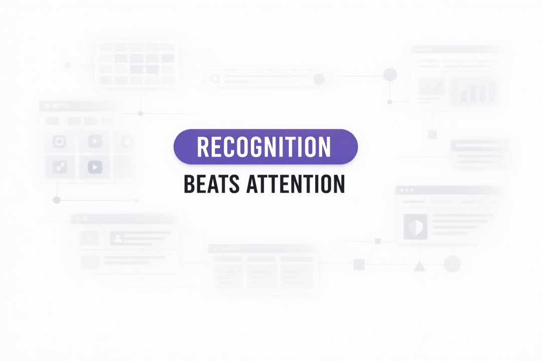 Minimalist cover graphic reading RECOGNITION BEATS ATTENTION with faint abstract feed, search, and analytics shapes.