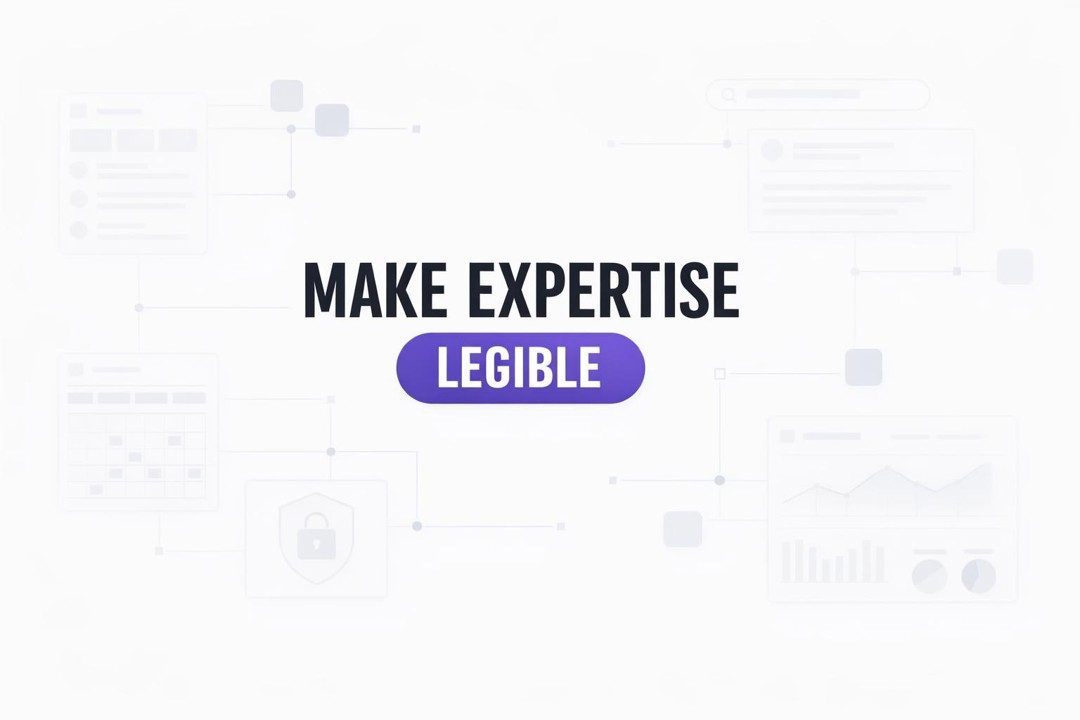 Minimal abstract graphic of connected feeds and search panels representing expertise legibility and trust.