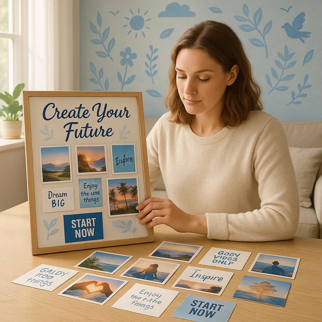 A person creating a vision board in a bright, modern room, surrounded by motivational images and quotes, symbolizing the journey of manifesting desires with a hopeful and serene atmosphere.