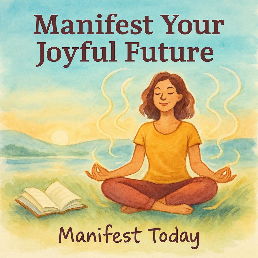 Peaceful watercolor sketch of a person meditating in a grassy field, surrounded by energy waves. An open journal symbolizes writing a joyful future, against a sunrise sky.