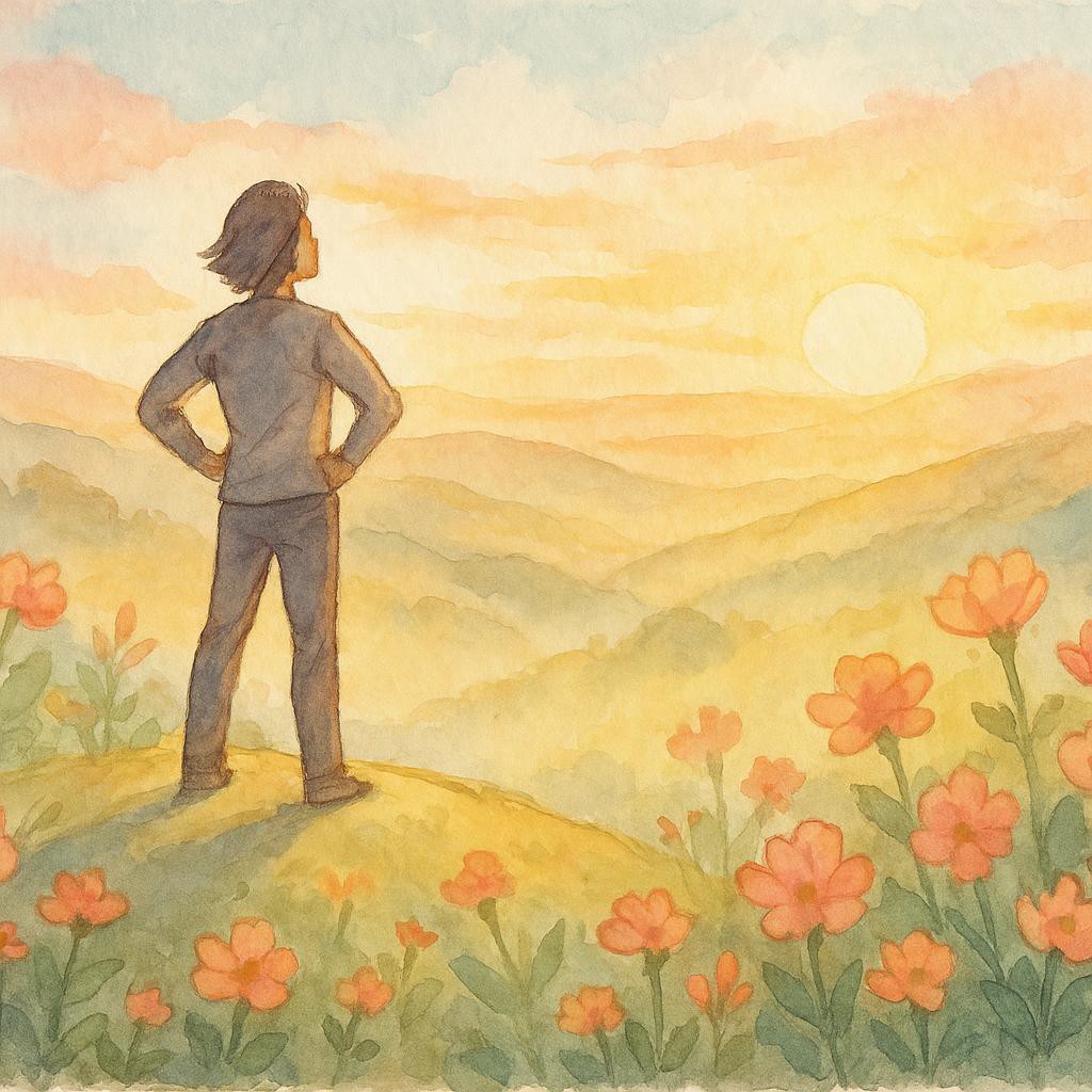 A person stands on a hill at sunrise, surrounded by blooming flowers, symbolizing empowerment and self-reflection in a watercolor style.