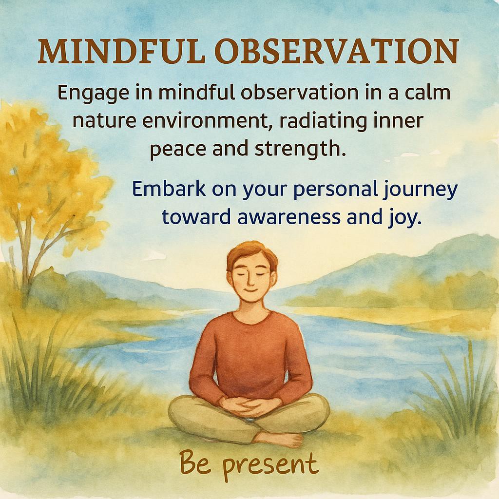 Watercolor sketch showing a serene person in a meditative pose, surrounded by a tranquil landscape with blue skies and flowing water, symbolizing mindfulness and emotional clarity.