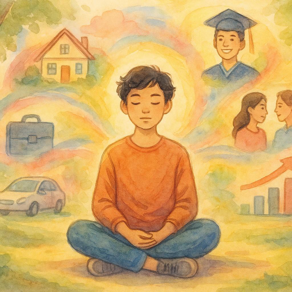 A person meditating in a park, visualizing their dreams with colorful, dreamy visuals in watercolor style, symbolizing imagination and life transformation.