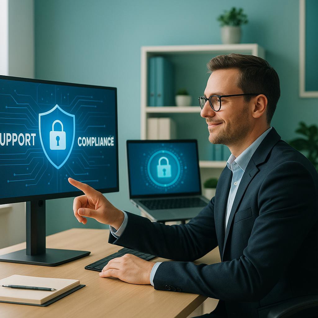 Business leader engaging with digital security interfaces in a modern workspace, showcasing themes of compliance and support with soft lighting and green-blue hues.