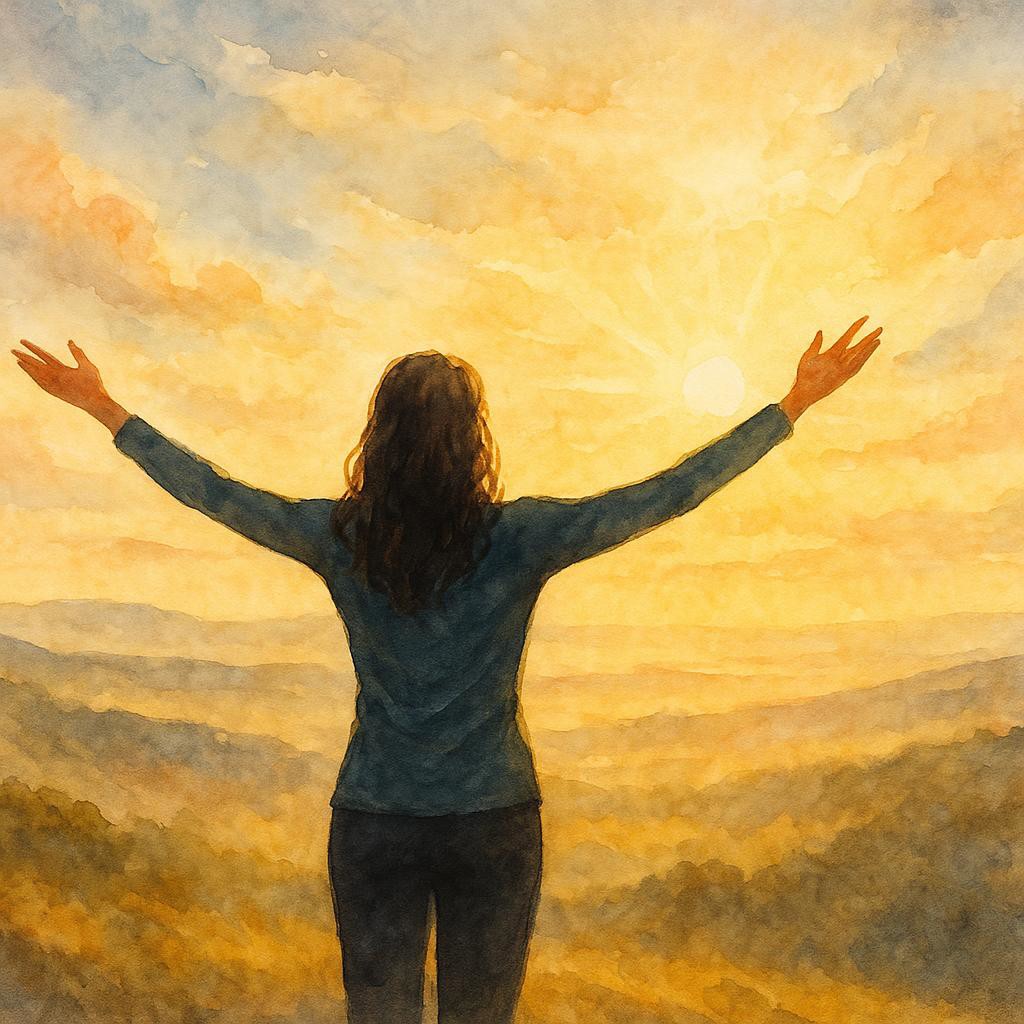 A woman on a hilltop at sunrise with open arms, symbolizing empowerment and growth in watercolor style.