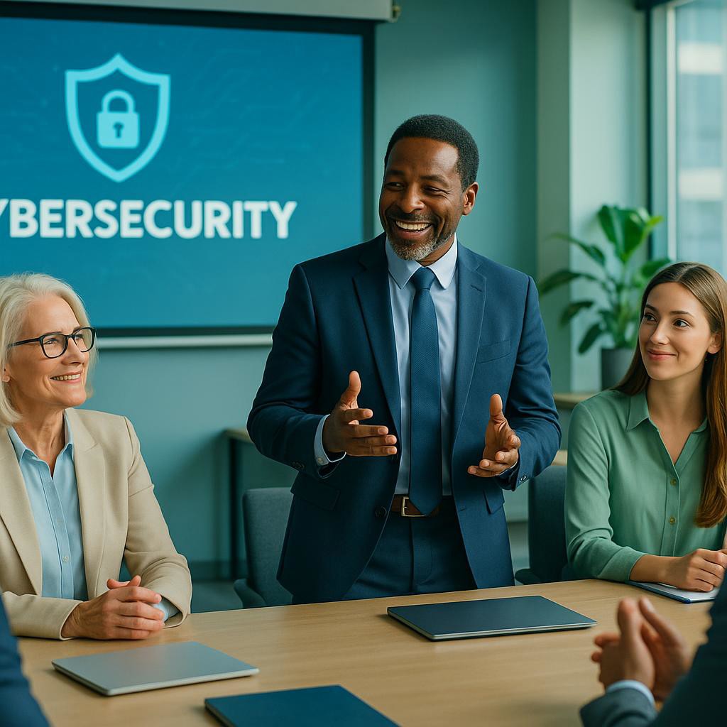 Diverse group of business leaders and team members discussing cybersecurity strategies in a modern office, with a focus on communication and education.