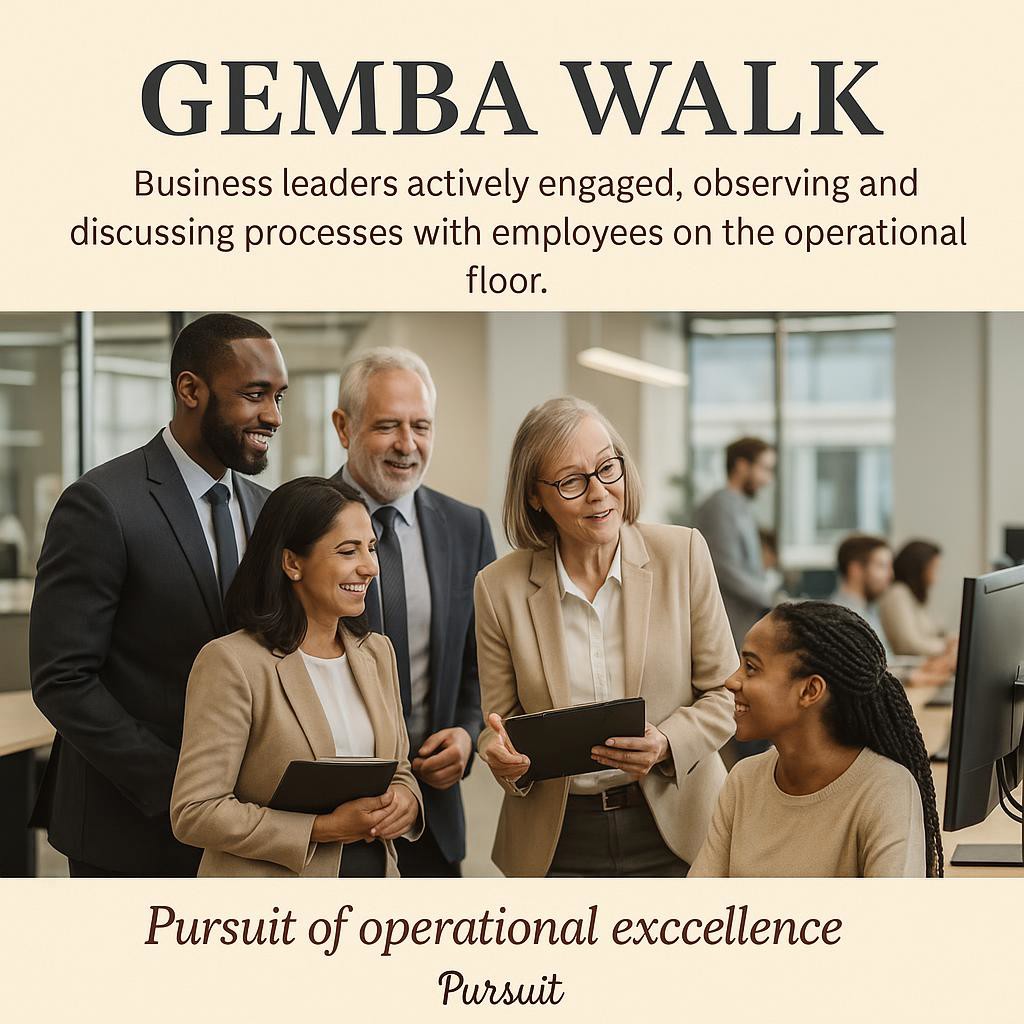 Business leaders conducting a Gemba Walk in a modern office, discussing and observing processes with employees for operational efficiency.