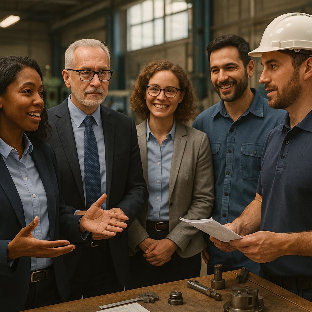 Business leaders and employees collaborating on a factory floor during a Gemba Walk, focusing on operational improvement.