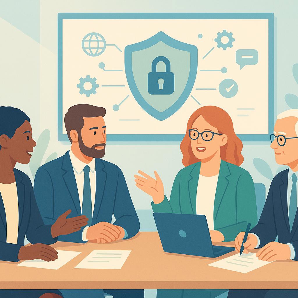 Business leaders discussing cybersecurity strategies in a modern conference room, highlighting collaboration and proactive culture.