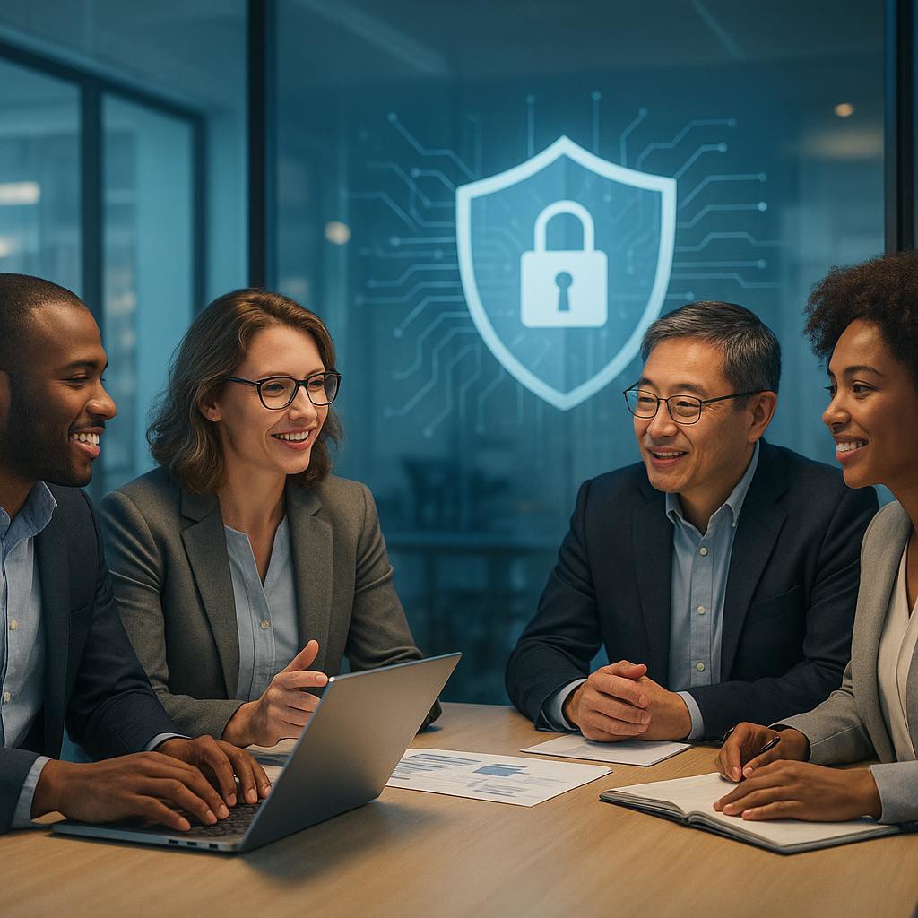 Business leaders collaborate in a modern office, focusing on cybersecurity strategies with a soft, uplifting atmosphere.