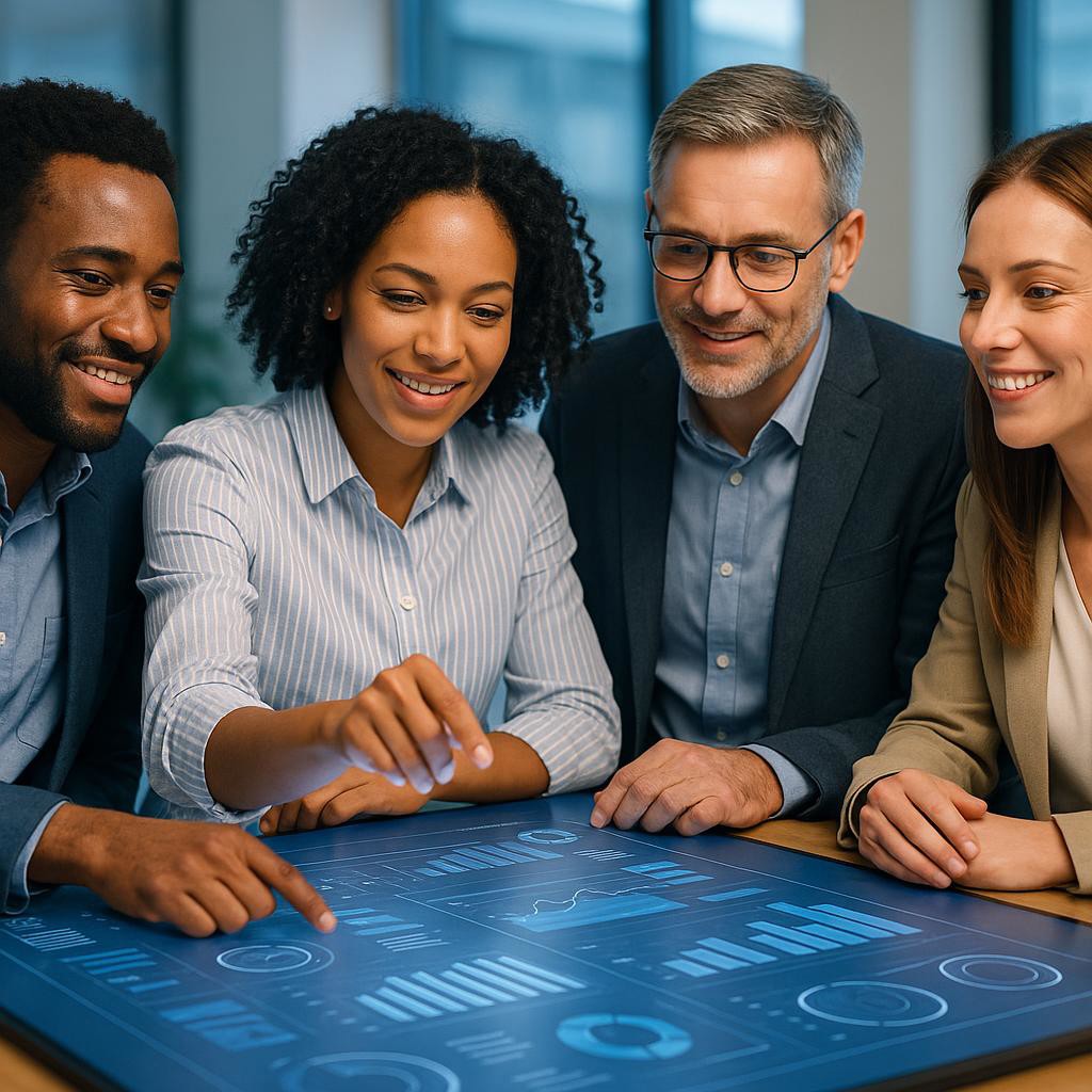 Business professionals collaborate in a modern office, focusing on cybersecurity compliance and legal alignment, with a digital interface display and soft lighting.