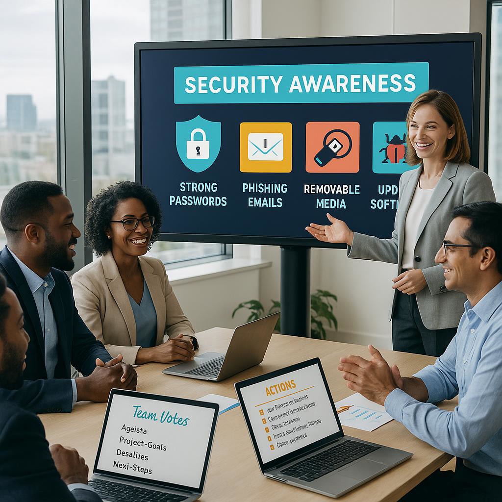 Business professionals in a bright office engaged in a cybersecurity training session around a digital smartboard with colorful infographics.