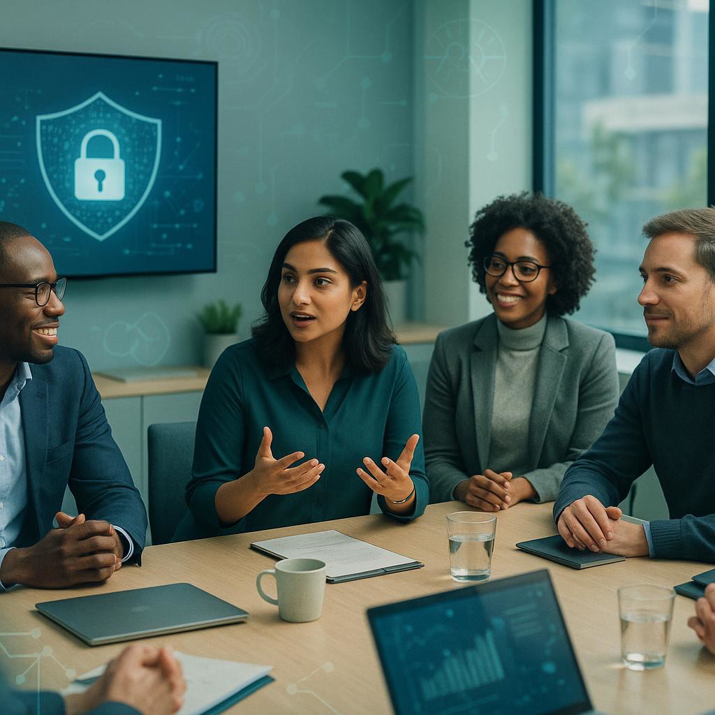 Diverse group of professionals in a modern meeting room discussing cybersecurity strategies with AI themes.
