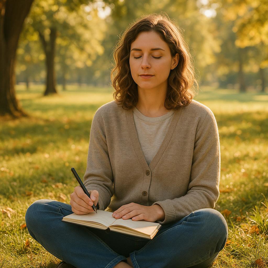 Young adult journaling and meditating in a tranquil park, promoting mindfulness and self-awareness with soft lighting and calming colors.