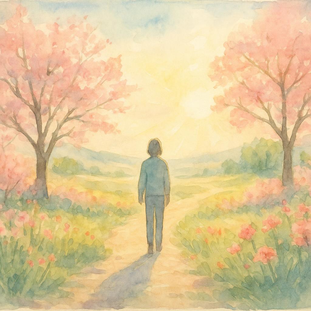 A person standing on a path in a blooming landscape, representing a journey of self-discovery and empowerment in a watercolor sketch style.