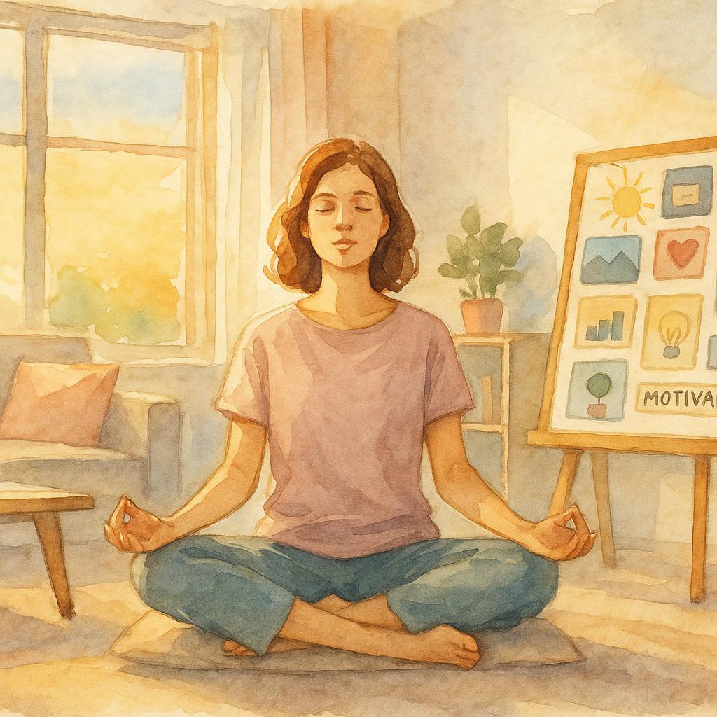 Person meditating with a vision board in a modern living room, embodying balance and motivation.