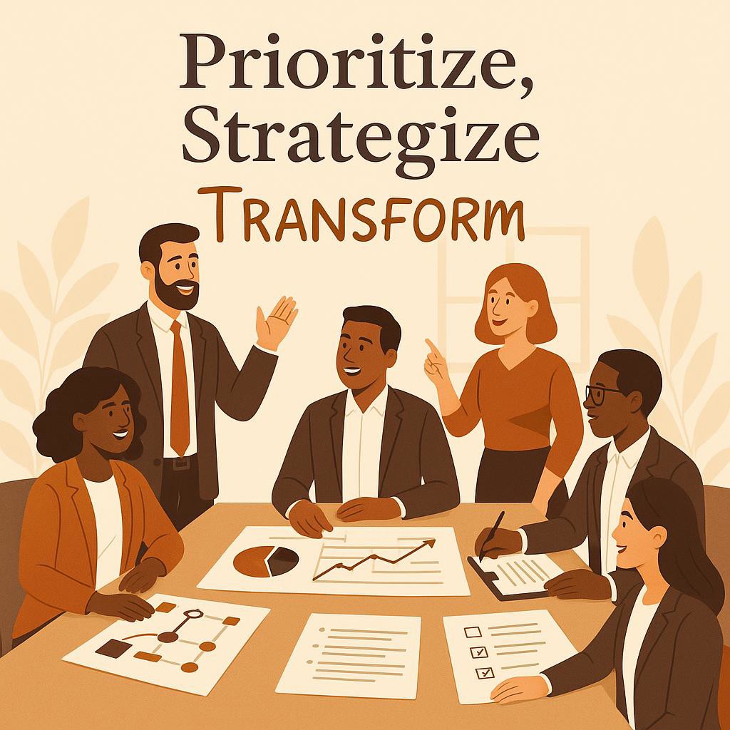 A diverse group of business leaders engaged in a collaborative strategy session to implement changes post-Gemba Walk, surrounded by planning materials and charts, in a bright and optimistic office setting.