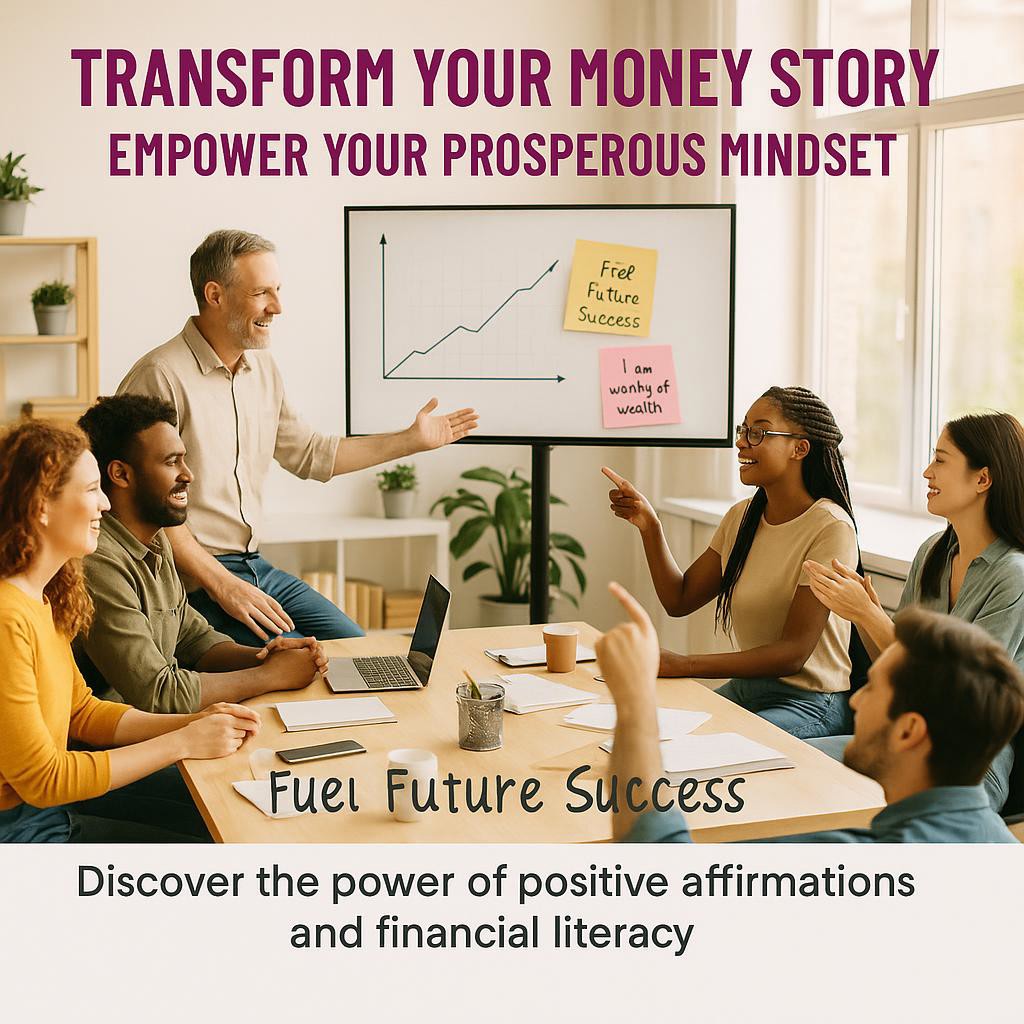 Creative professionals collaborating in a bright office, discussing financial growth with charts and positive affirmations, symbolizing empowerment and transformation.