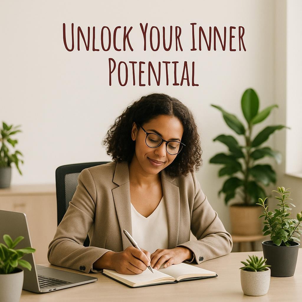 Professional writing in a journal at a desk surrounded by plants, illustrating self-awareness and growth in an office setting.