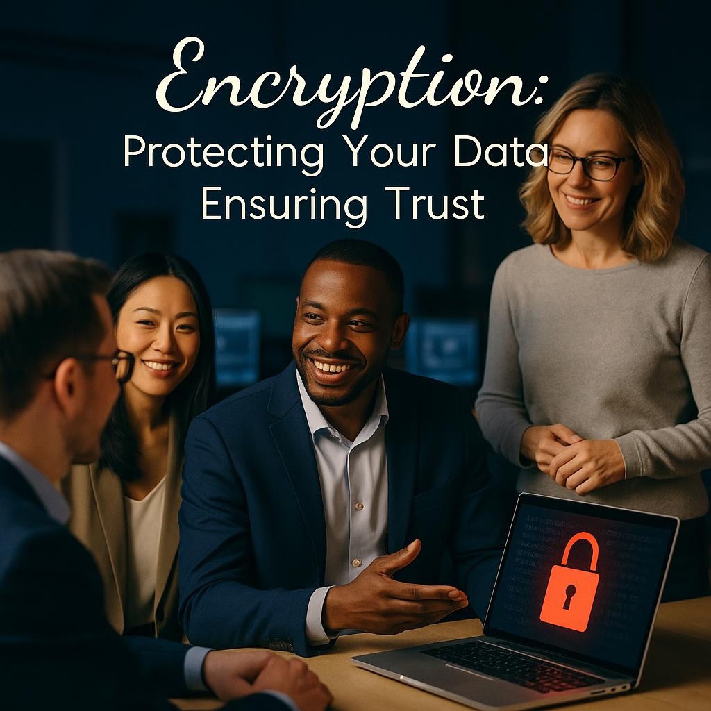 Business leaders and tech managers in a modern office discussing encryption and cybersecurity strategies, emphasizing data protection and trust.