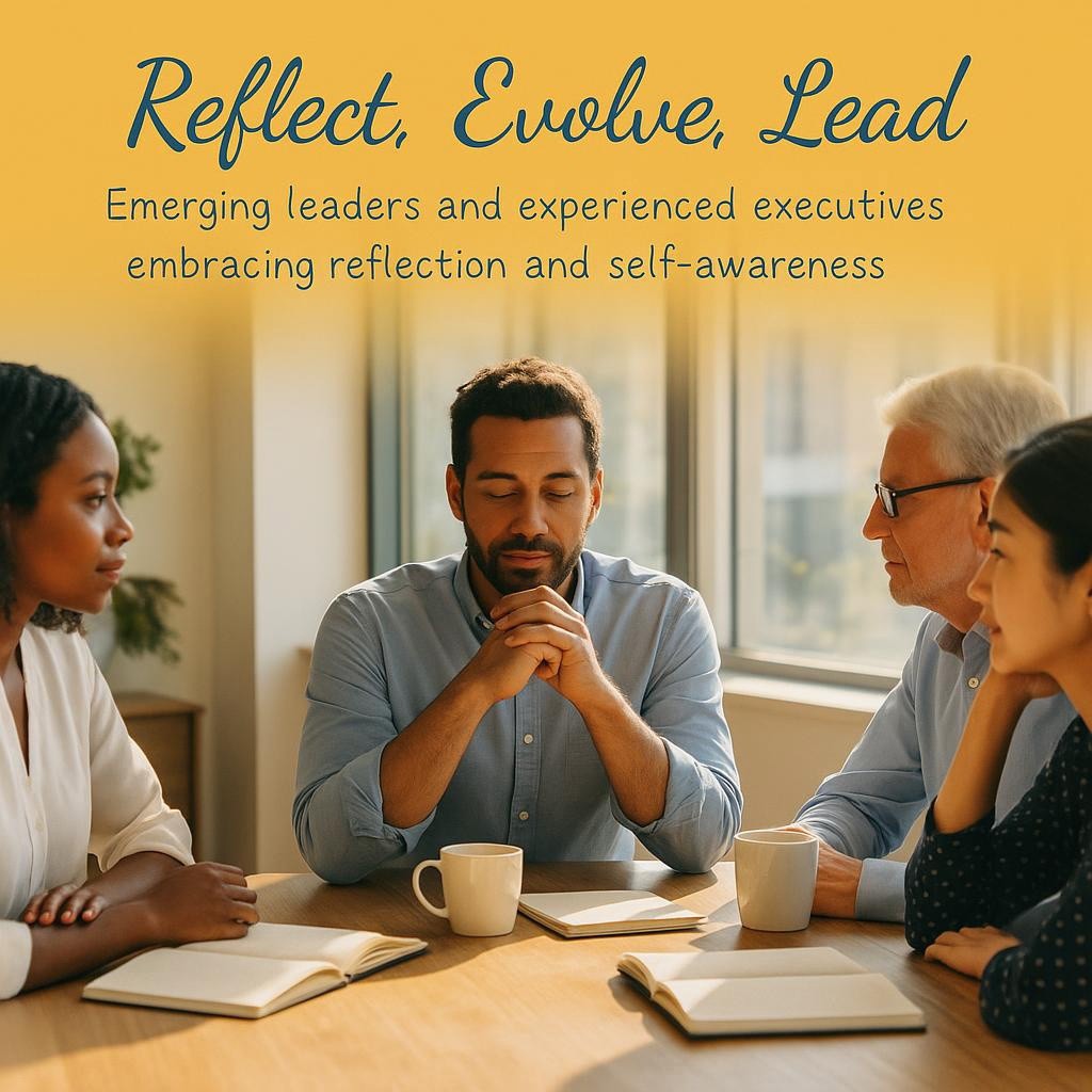 Leaders having a reflective discussion in a sunlit office, symbolizing self-awareness and collaborative leadership.